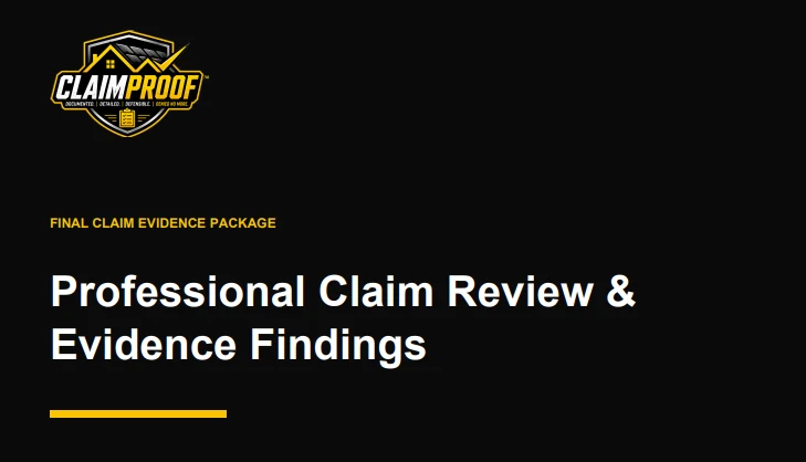 Cover of the ClaimProof final claim evidence package titled Professional Claim Review and Evidence Findings
