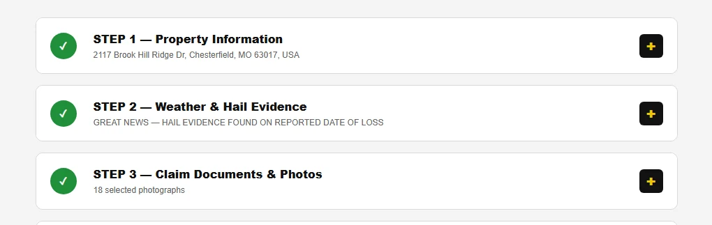 ClaimProof claim workflow steps confirming hail evidence found on the reported date of loss, 18 selected photographs and 5 documents analyzed