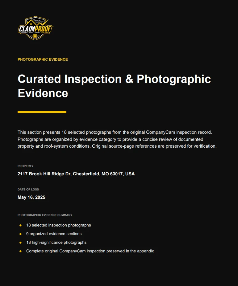 ClaimProof photographic evidence summary page showing 18 selected inspection photographs across 9 organized evidence sections with the original inspection preserved in the appendix