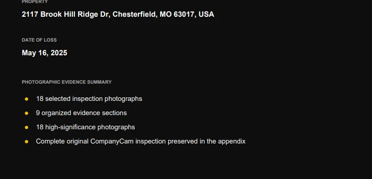 ClaimProof photographic evidence summary listing 18 selected inspection photographs across 9 organized evidence sections