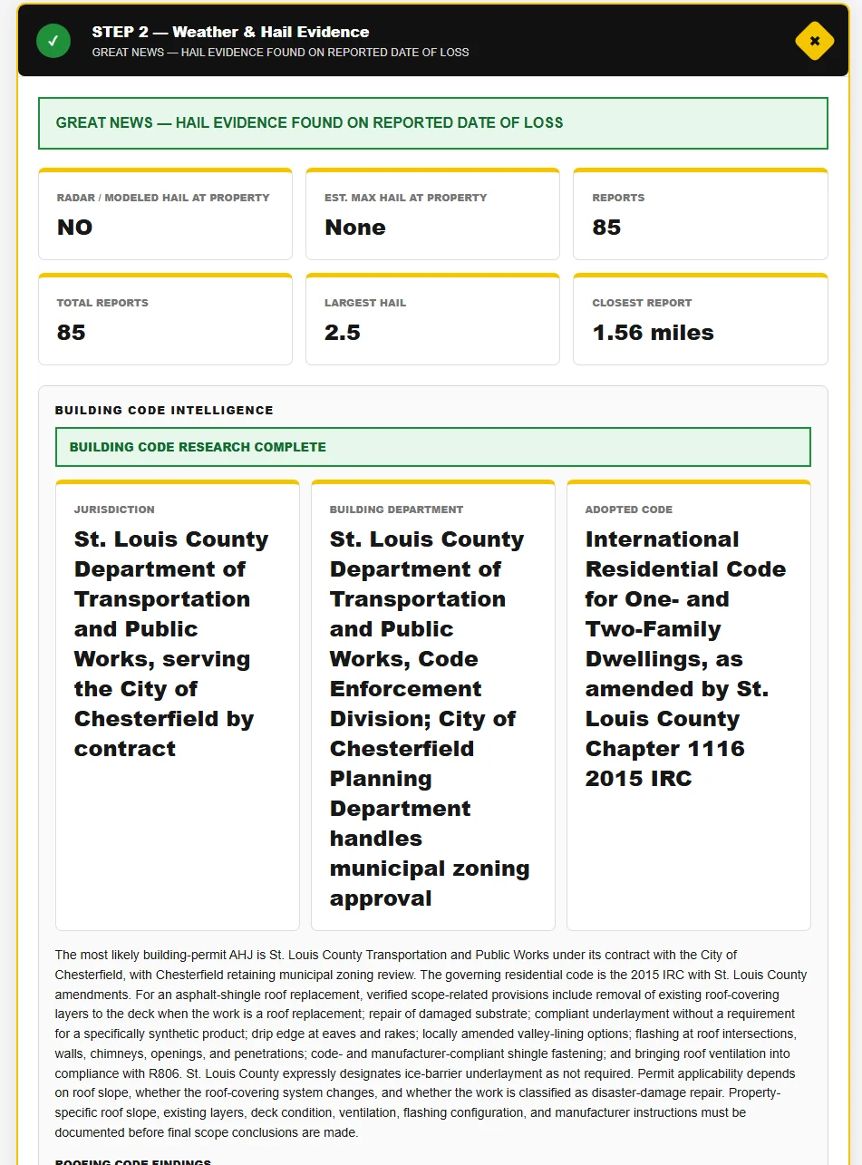 ClaimProof weather and hail evidence screen with building code intelligence showing jurisdiction, building department and adopted residential code for a roof claim