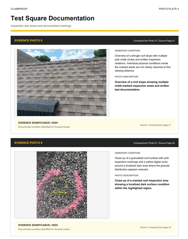 ClaimProof photo plate documenting hail test squares and chalk inspection markings on a shingle roof slope with source references