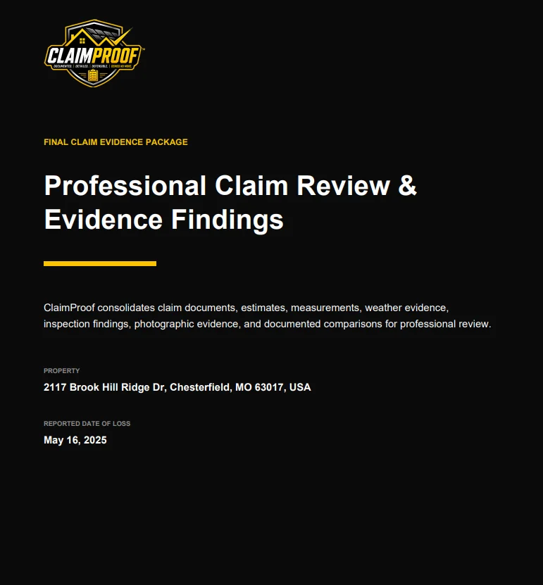 Cover page of the ClaimProof final claim evidence package for a roofing insurance claim, showing the property address and reported date of loss