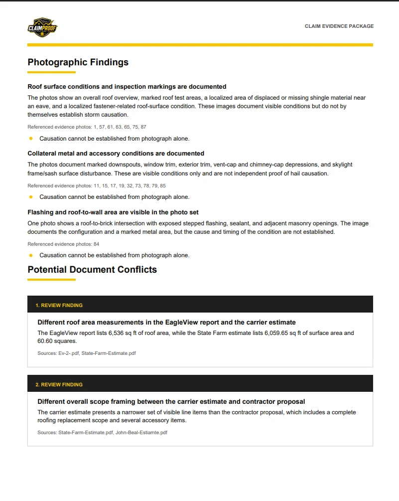 ClaimProof report page listing photographic findings and potential document conflicts including differing roof area measurements between the measurement report and the carrier estimate