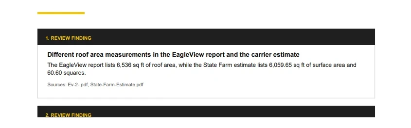 ClaimProof review finding documenting different roof area measurements between the measurement report and the carrier estimate