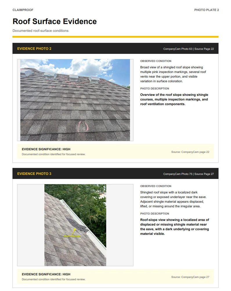 ClaimProof photo plate documenting roof surface evidence with observed condition, photo description, evidence significance and the original inspection source page