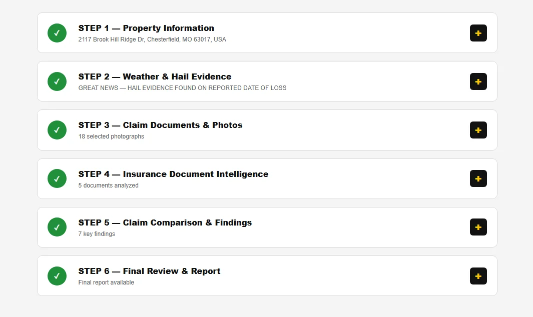 ClaimProof roofing claim assistance software showing the six-step claim workflow: property information, weather and hail evidence, claim documents and photos, insurance document intelligence, claim comparison and findings, and final report