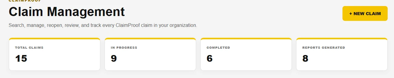 ClaimProof dashboard totals for a roofing company: 15 total claims, 9 in progress, 6 completed and 8 reports generated
