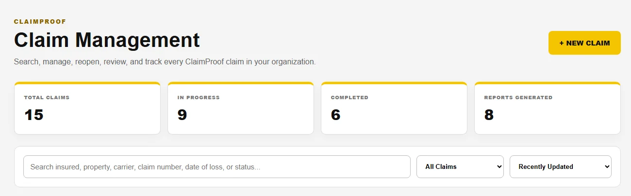 ClaimProof claim management dashboard for roofing companies showing total claims, claims in progress, completed claims and reports generated