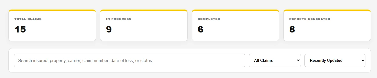 ClaimProof claim search bar for finding a roof claim by insured, property, carrier, claim number, date of loss or status